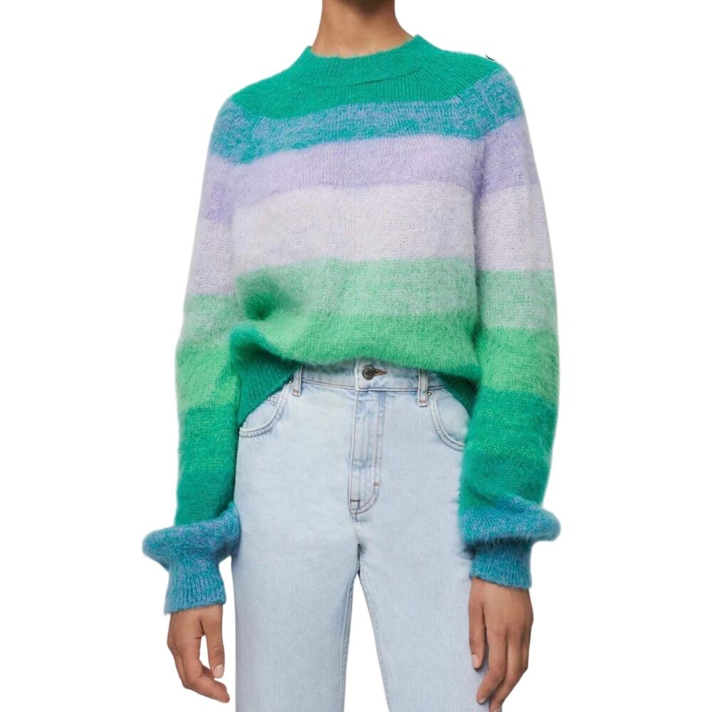 MAJE Women’s Green Striped Fuzzy Mohair Funnel Neck Pull over Sweater